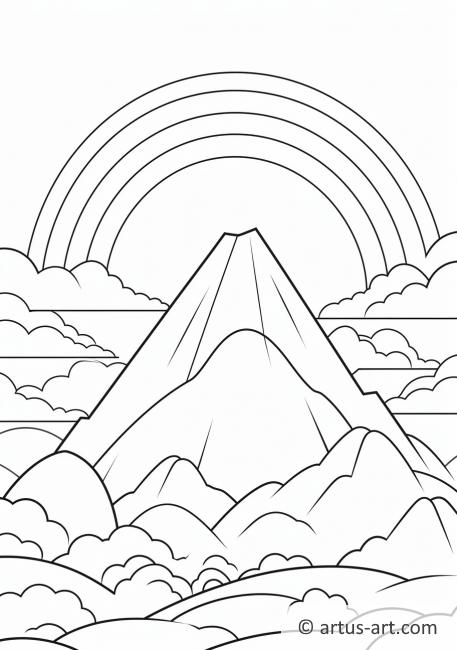Pagină de colorat cu un curcubeu și o munte